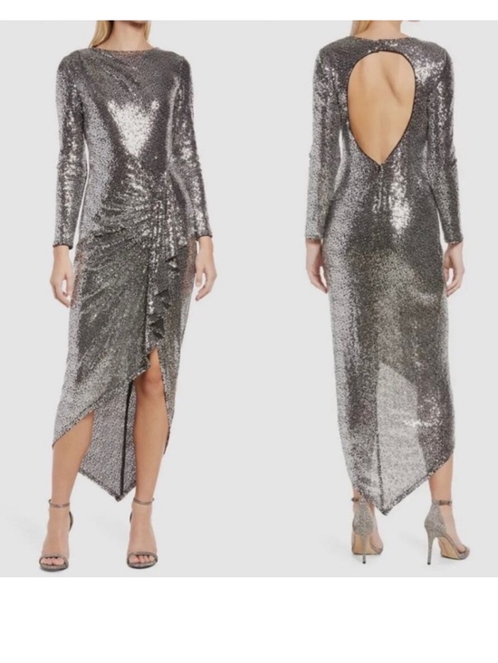 Tadashi Shoji Dresses & Skirts - Tadashi Shoji Silver Sequin Long-Sleeve Open-Back Midi Dress Large New
